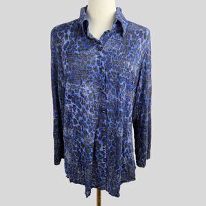 David Cline Shirt XL Blue Animal Print Snap Front Shirt Crinkle Knit Casual